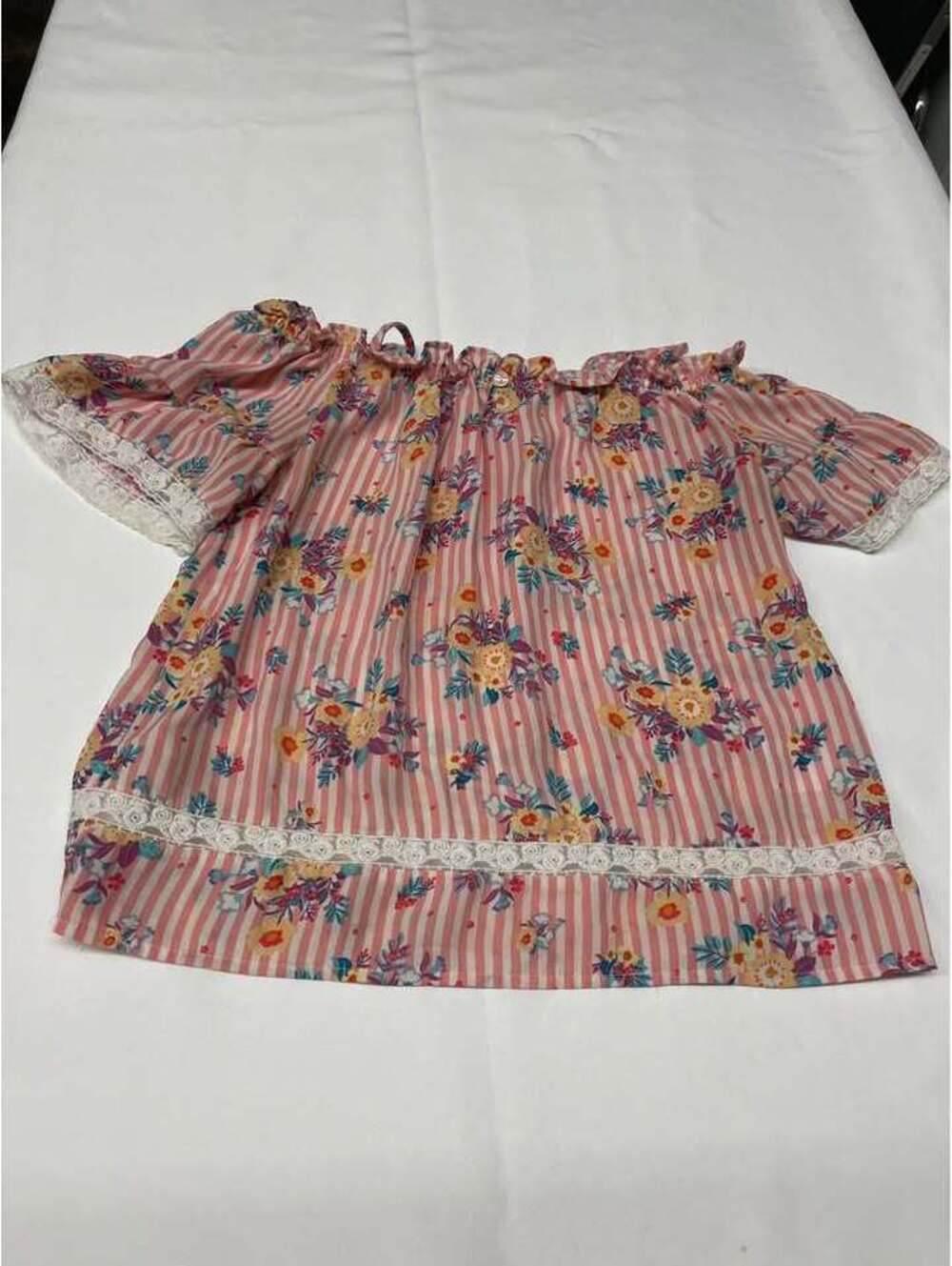 Pink Republic Girls Size 14 Pink Stripe Floral Lace Trim Blouse
